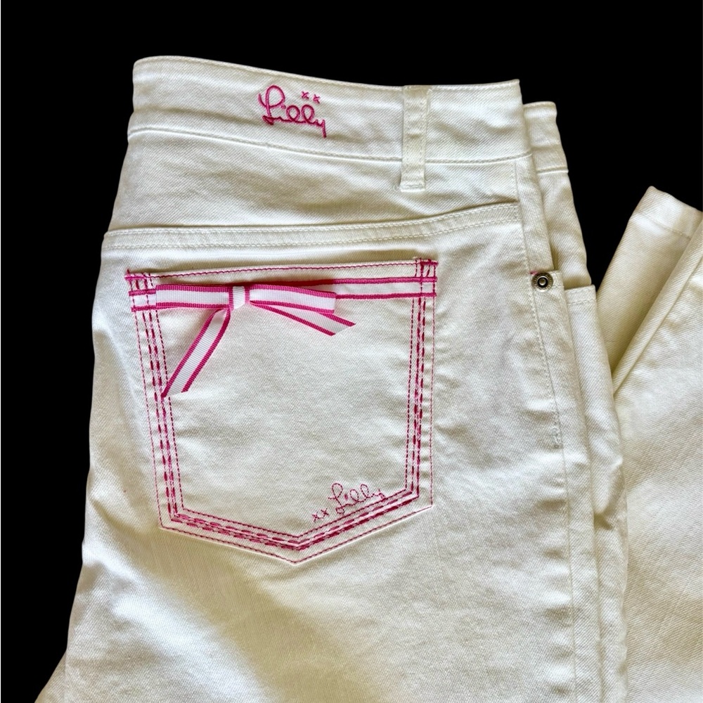 Lilly Pulitzer Boot Cut White Jeans with Pink XX Accents New Without Tags 6